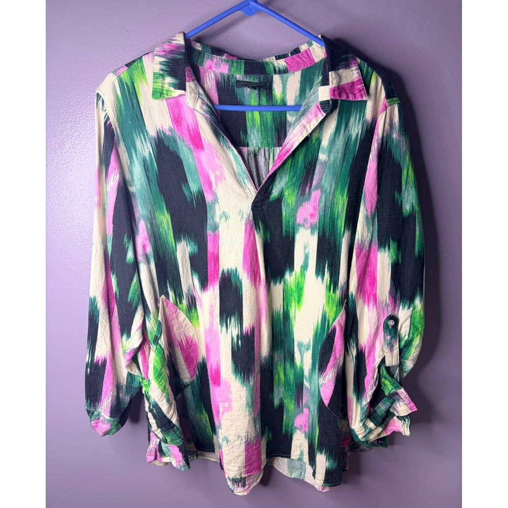For Cynthia Woman Green Pink Abstract Ikat Linen Blend Tunic Top Pockets 1X